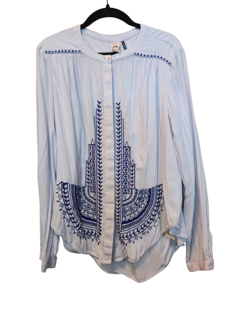 Altar'd State Light Blue Button-Down Blouse with Navy Embroidery